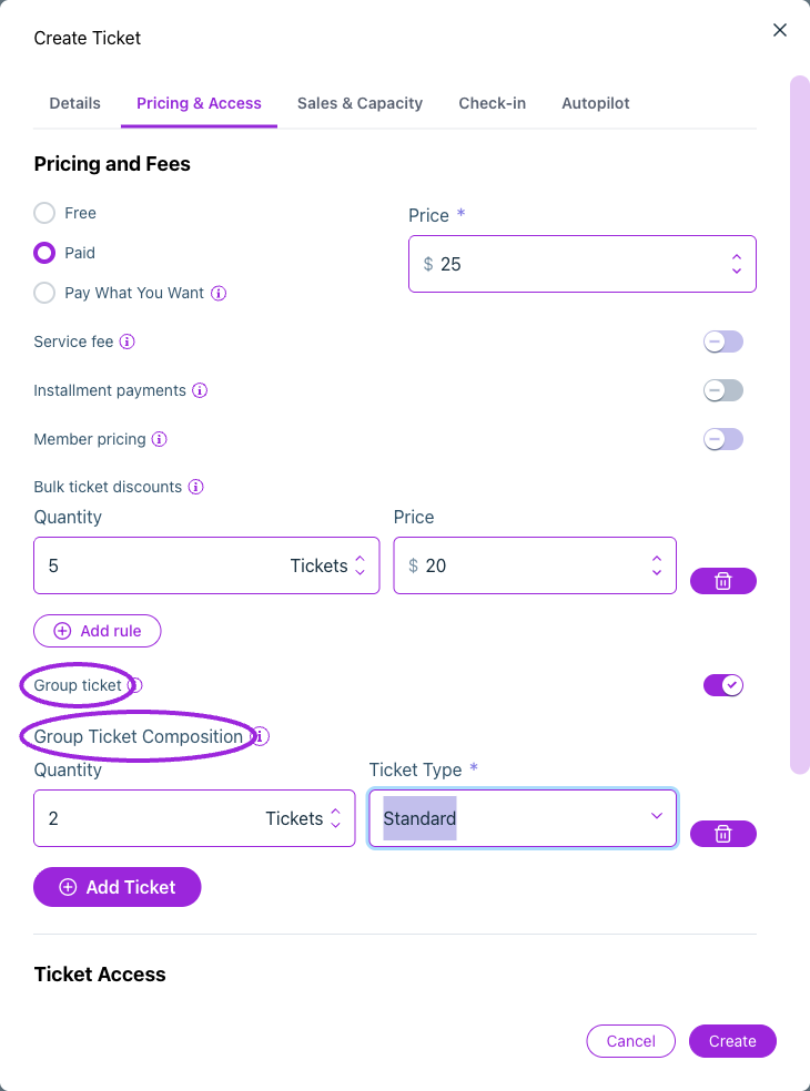 A group ticket bundles quantities of saved ticket types. This example includes two Standard tickets.