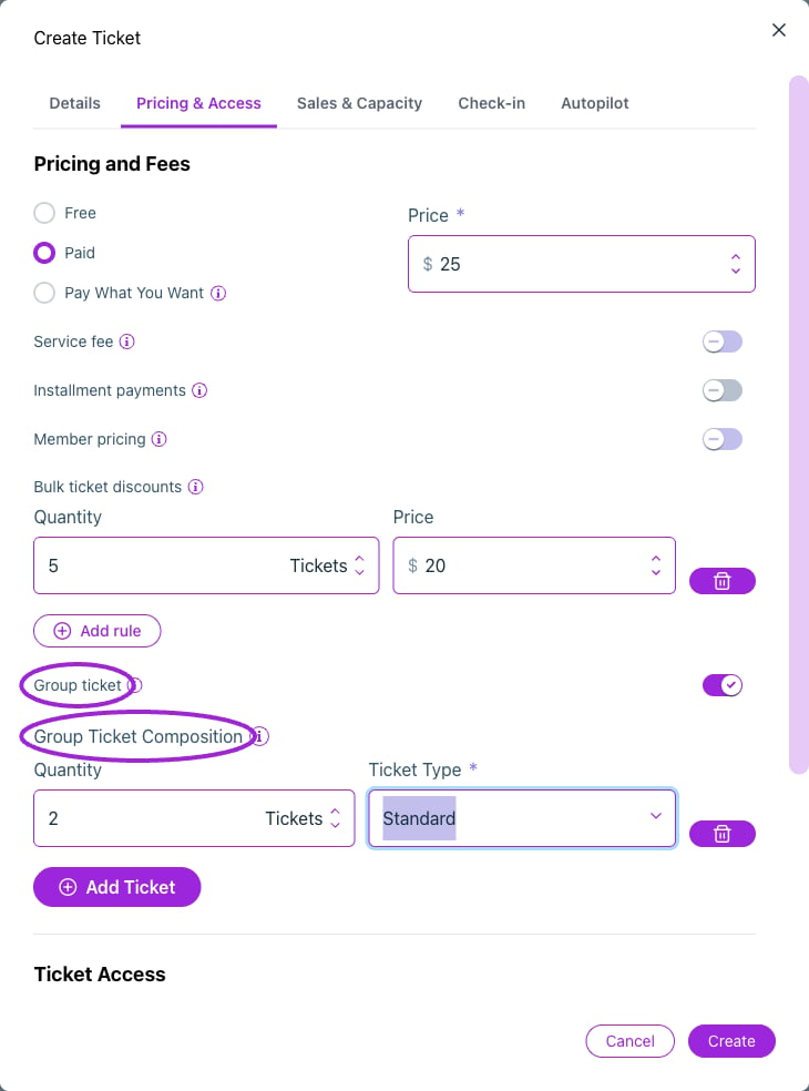 A group ticket bundles quantities of saved ticket types. This example includes two Standard tickets.