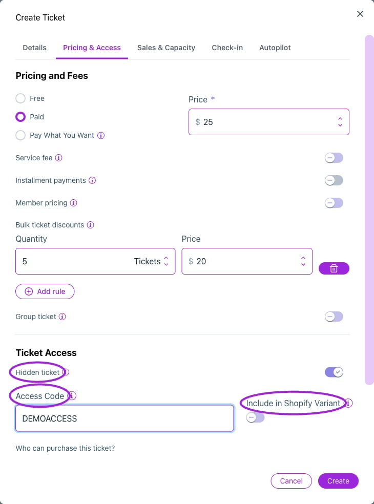 Hidden tickets can use an access code. Shopify events also offer Include in Shopify Variant.