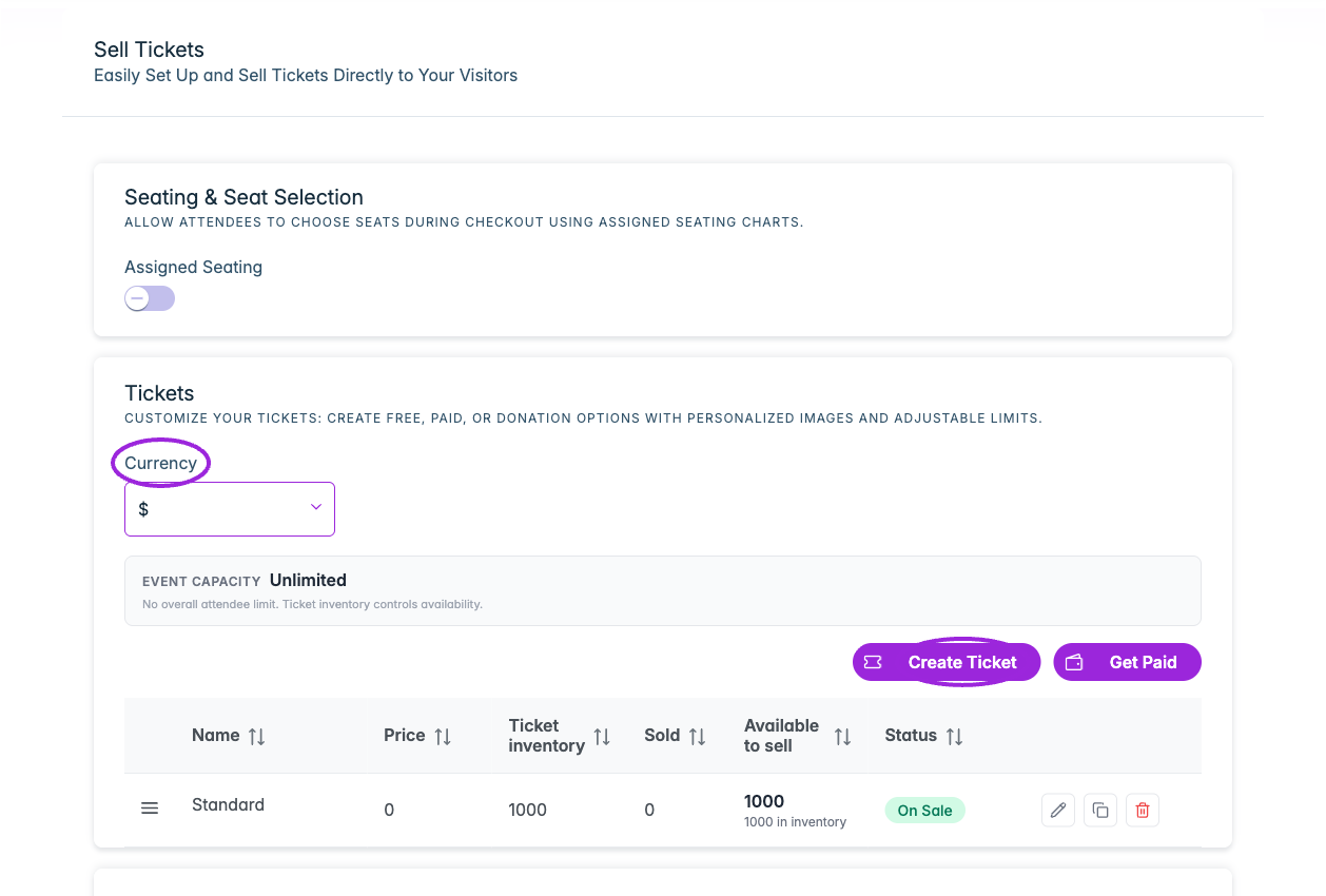 Tickets contains seating setup, currency, event capacity, the ticket list, and promo codes. Create Ticket opens the full ticket editor.