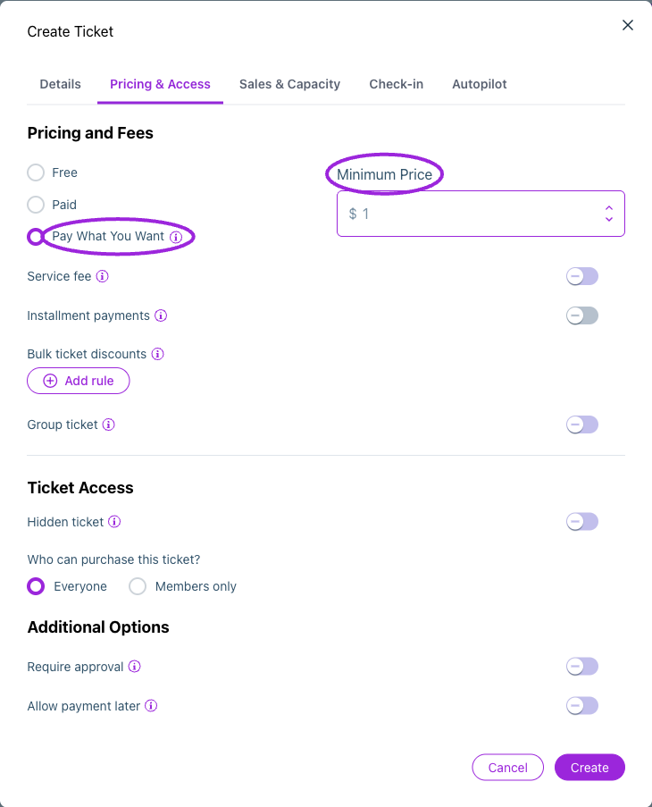 Ticket pricing editor showing Pay What You Want and Minimum Price
