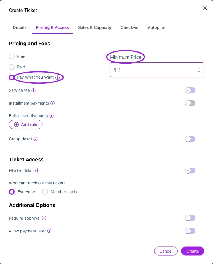 Ticket pricing editor showing Pay What You Want and Minimum Price