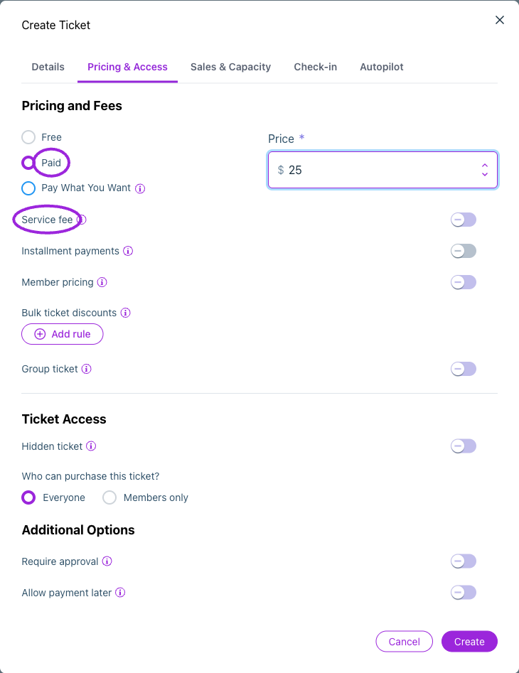 Pricing & Access offers Free, Paid, and Pay What You Want. A paid ticket has a fixed price, with service fees configured separately.