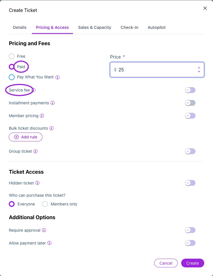 Pricing & Access offers Free, Paid, and Pay What You Want. A paid ticket has a fixed price, with service fees configured separately.