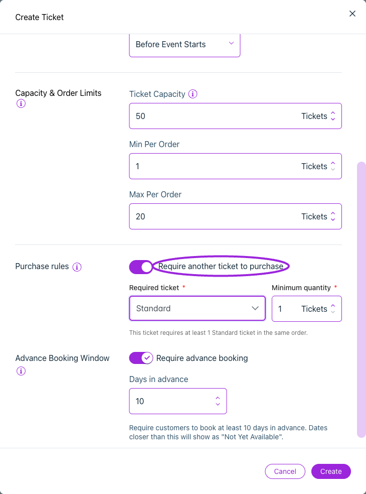 Require a minimum quantity of another ticket in the same order. This example requires one Standard ticket.