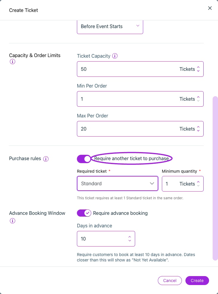 Require a minimum quantity of another ticket in the same order. This example requires one Standard ticket.