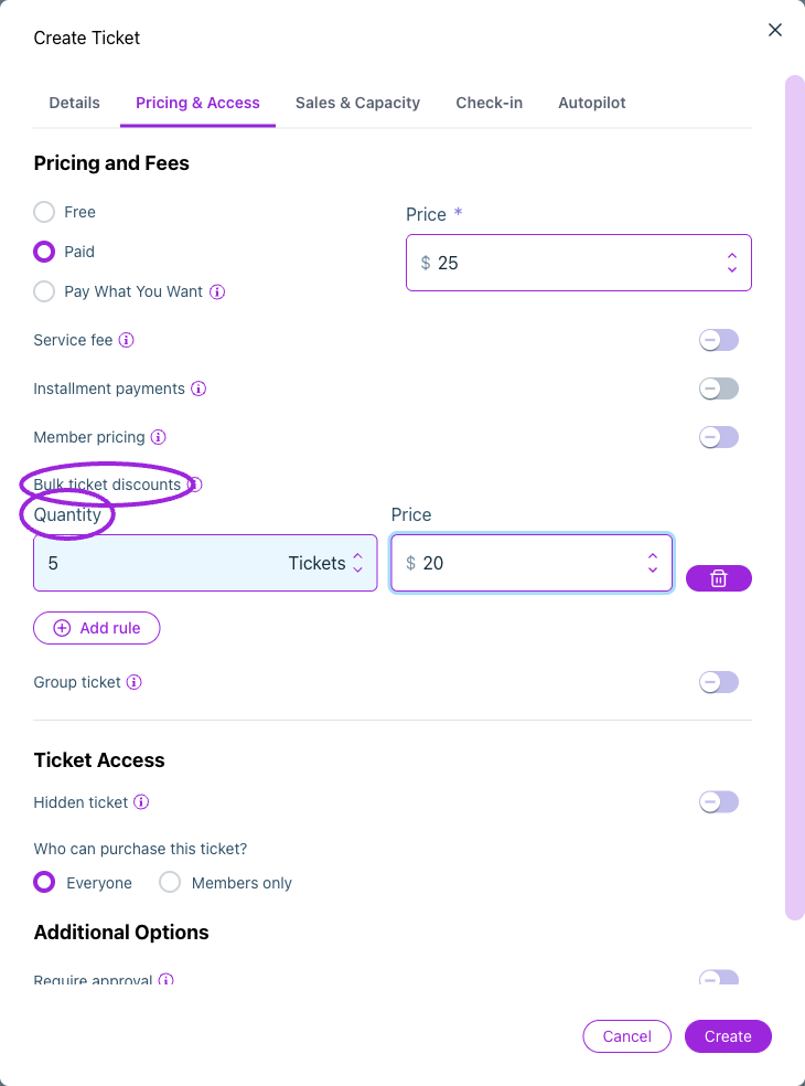 Add a bulk pricing rule: this example changes the unit ticket price to $20 when the quantity reaches five tickets.