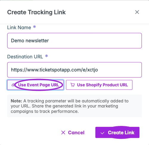 Give the campaign a name, select a destination, and create its tracking link. Use Event Page URL fills the event’s own page automatically.