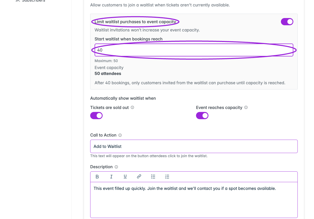 Ticket Spot waitlist settings with a start threshold of 40 and event capacity 50