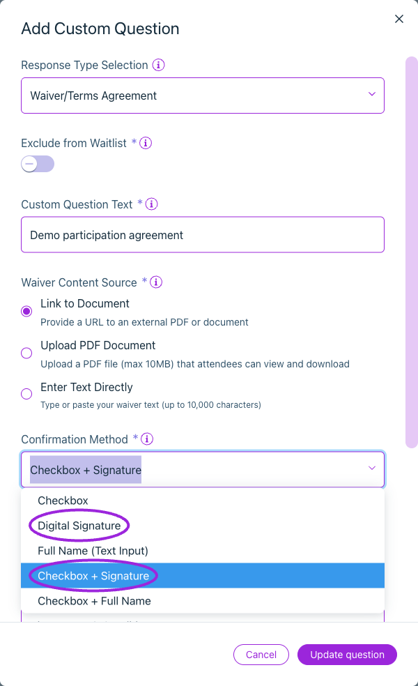 Choose Checkbox, Digital Signature, Full Name, Checkbox + Signature, or Checkbox + Full Name. Set required-at-checkout and required-at-check-in separately.