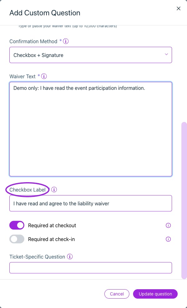 Enter Text Directly accepts up to 10,000 characters. This example uses demo wording and a configurable checkbox label.