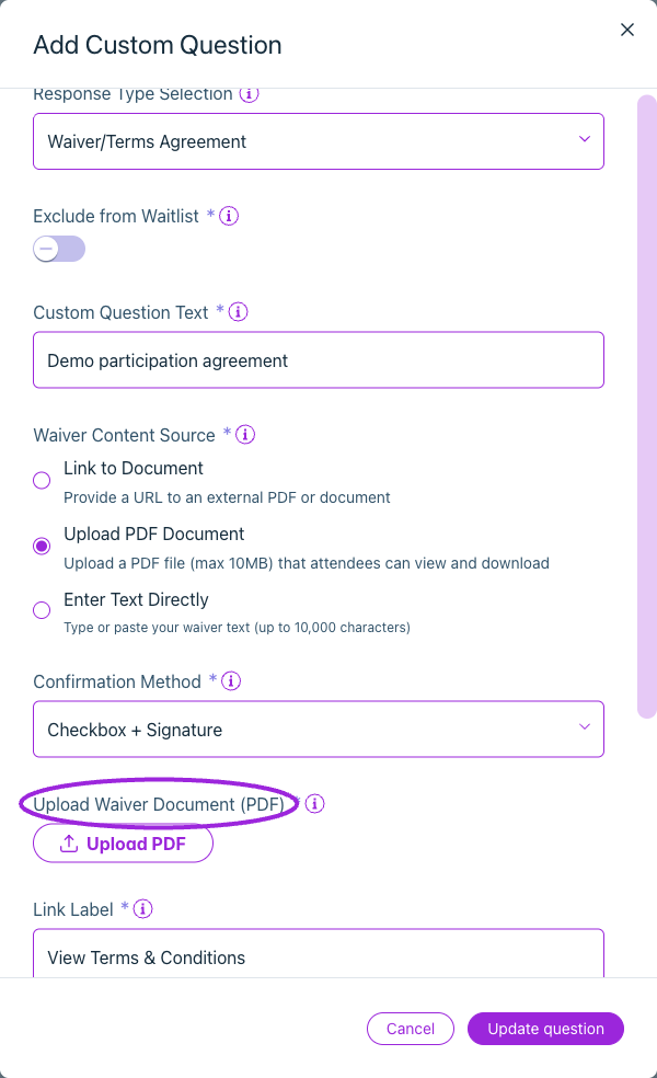 Upload a PDF up to 10 MB and set the label attendees use to view or download it.