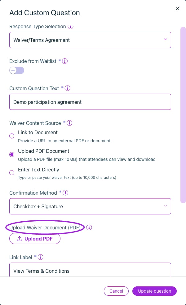 Upload a PDF up to 10 MB and set the label attendees use to view or download it.