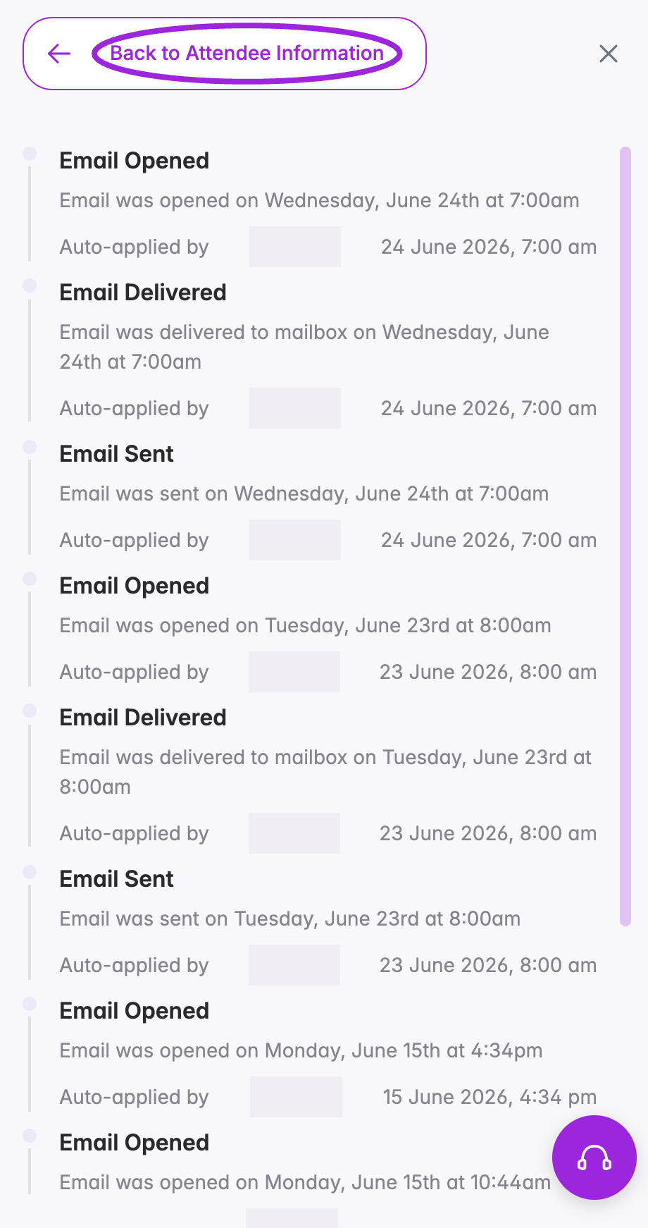 Attendee activity timeline and Back to Attendee Information control