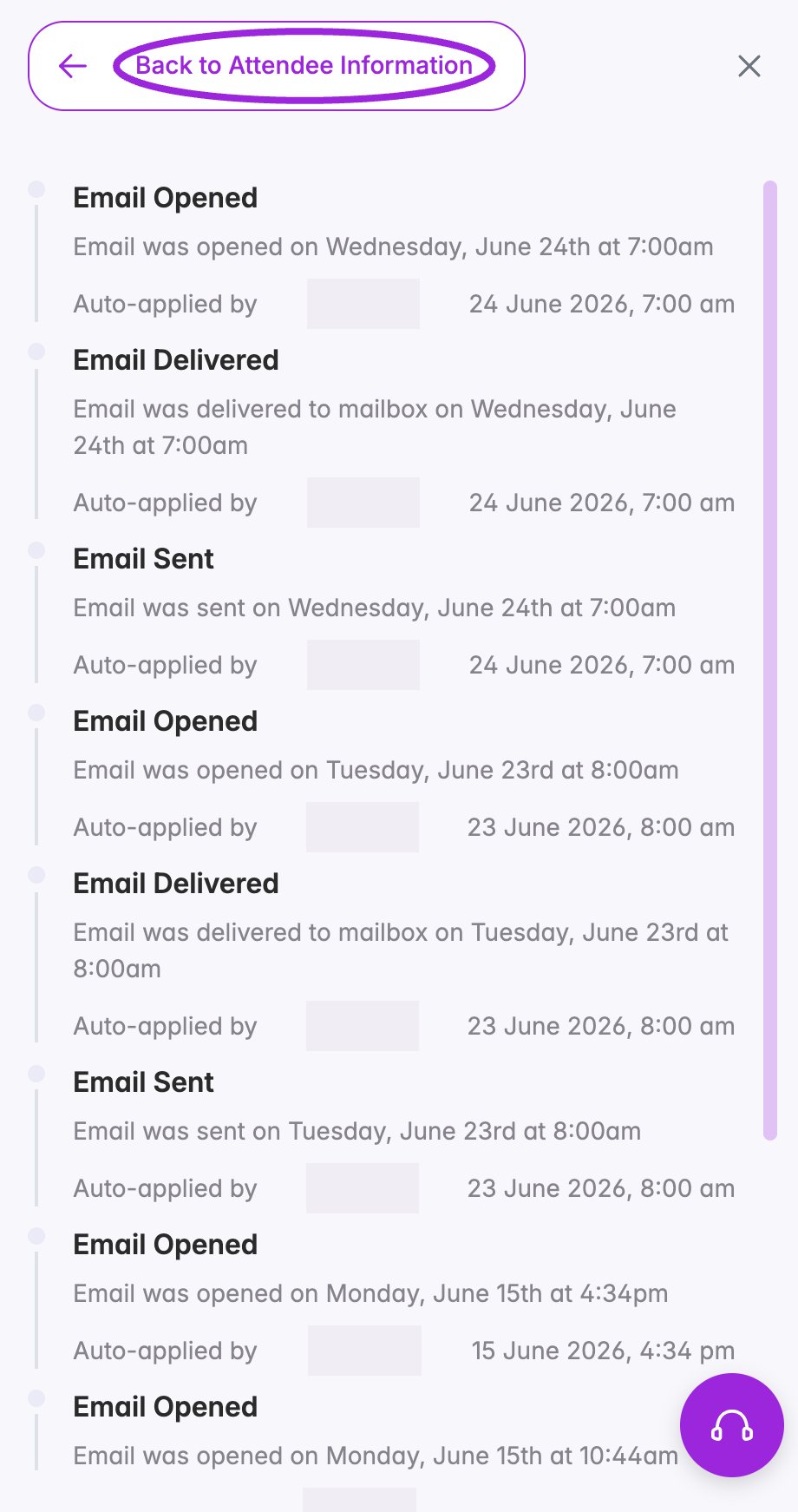 Attendee activity timeline and Back to Attendee Information control