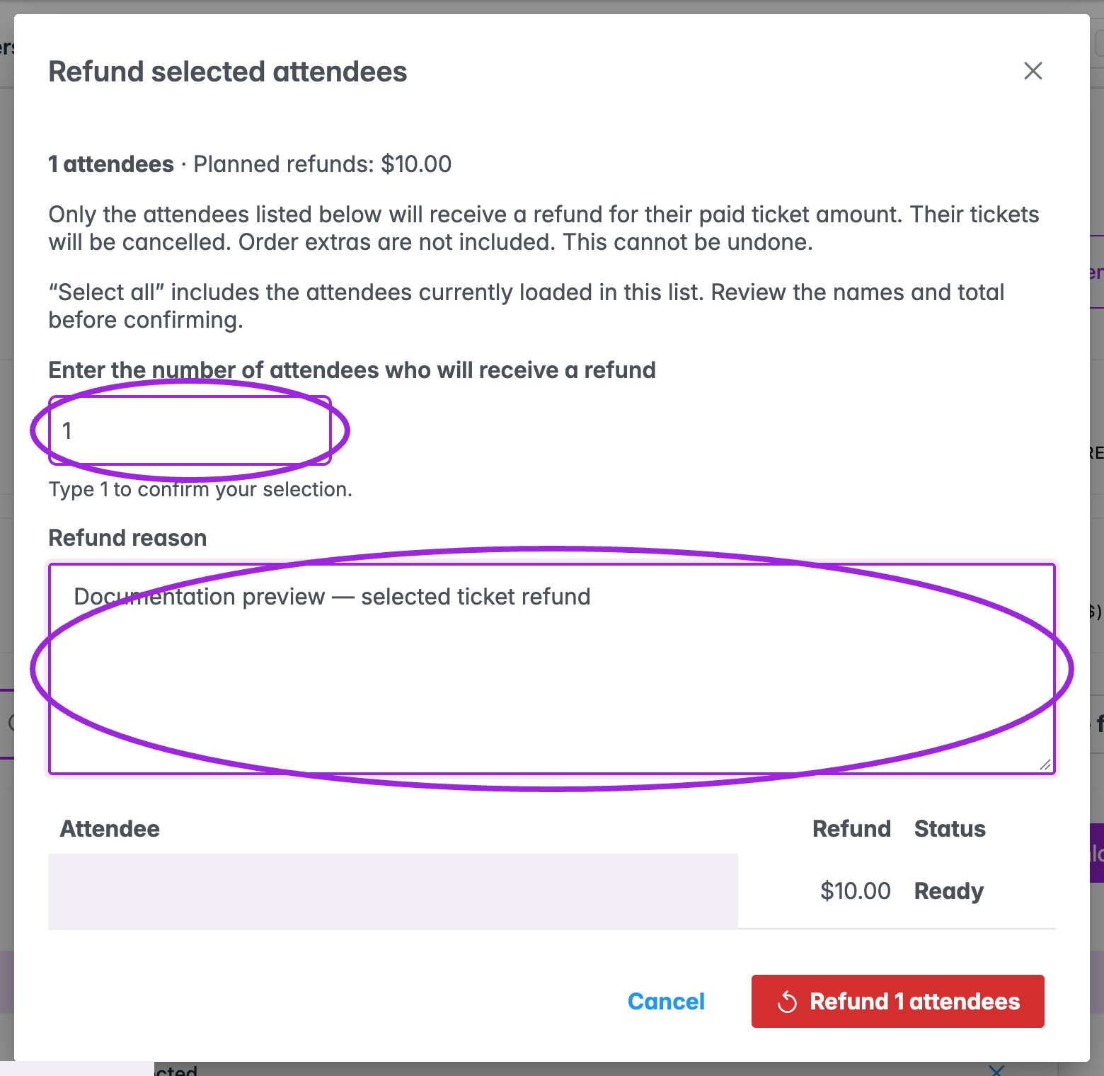 Refund selected attendees preview with verified total, count confirmation, reason, and Ready status