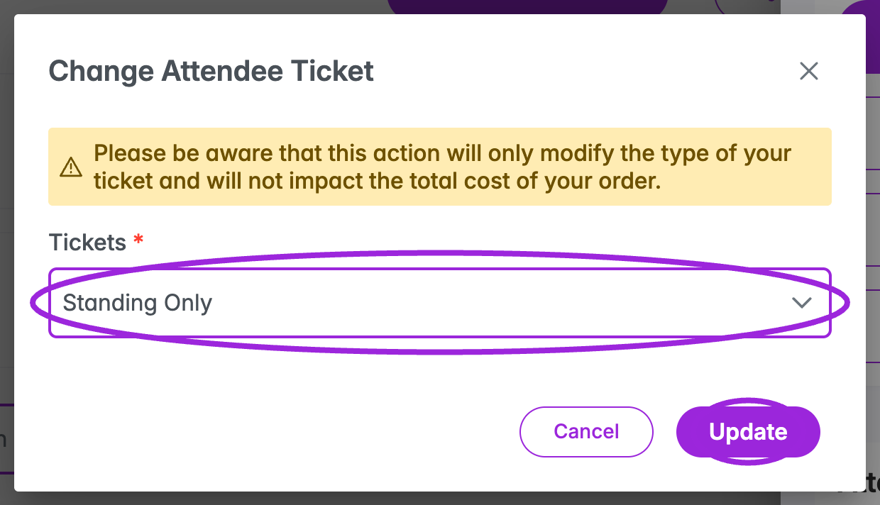 Change Attendee Ticket dialog with Tickets and the unchanged-order-cost notice highlighted