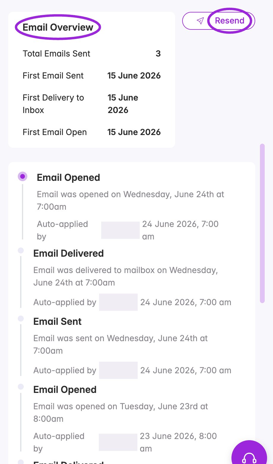 Email Overview with send, delivery, and open information and the Resend control highlighted