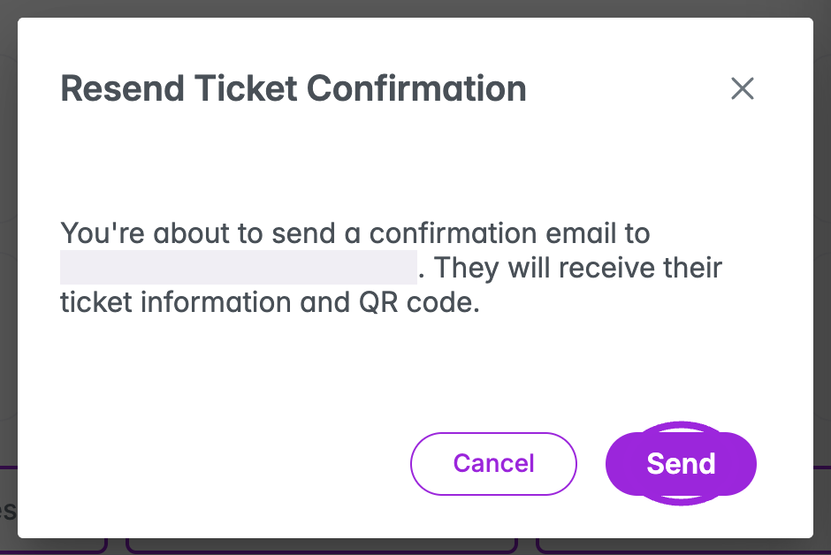 Resend Ticket Confirmation dialog with the recipient concealed and Send highlighted