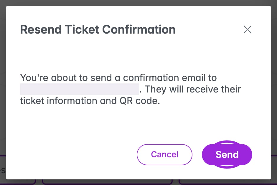Resend Ticket Confirmation dialog with the recipient concealed and Send highlighted