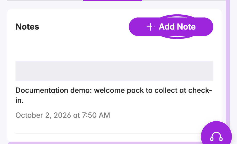 Notes tab with Add Note highlighted and a saved documentation demo note