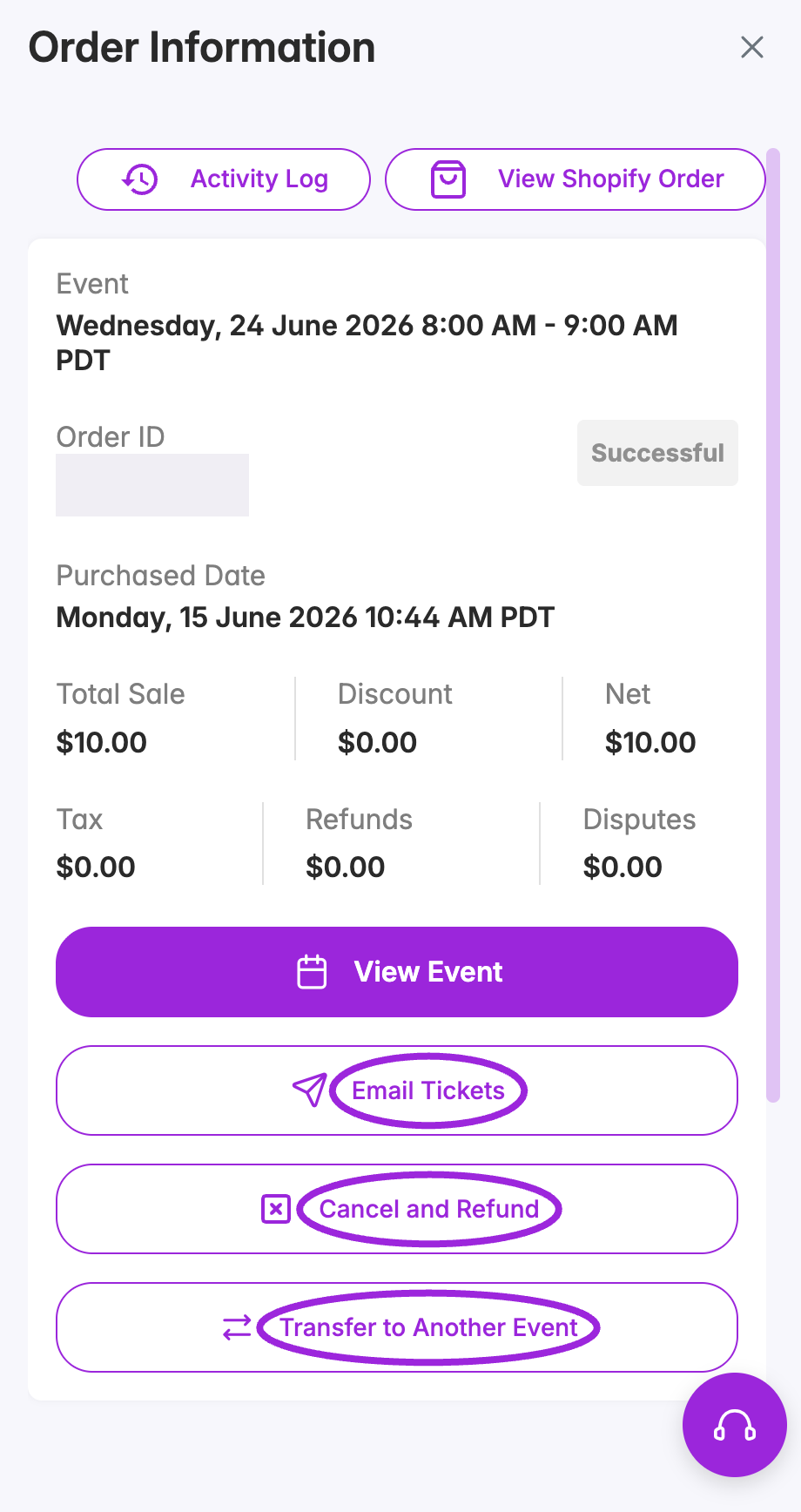 Order Information with Email Tickets, Cancel and Refund, and Transfer to Another Event highlighted