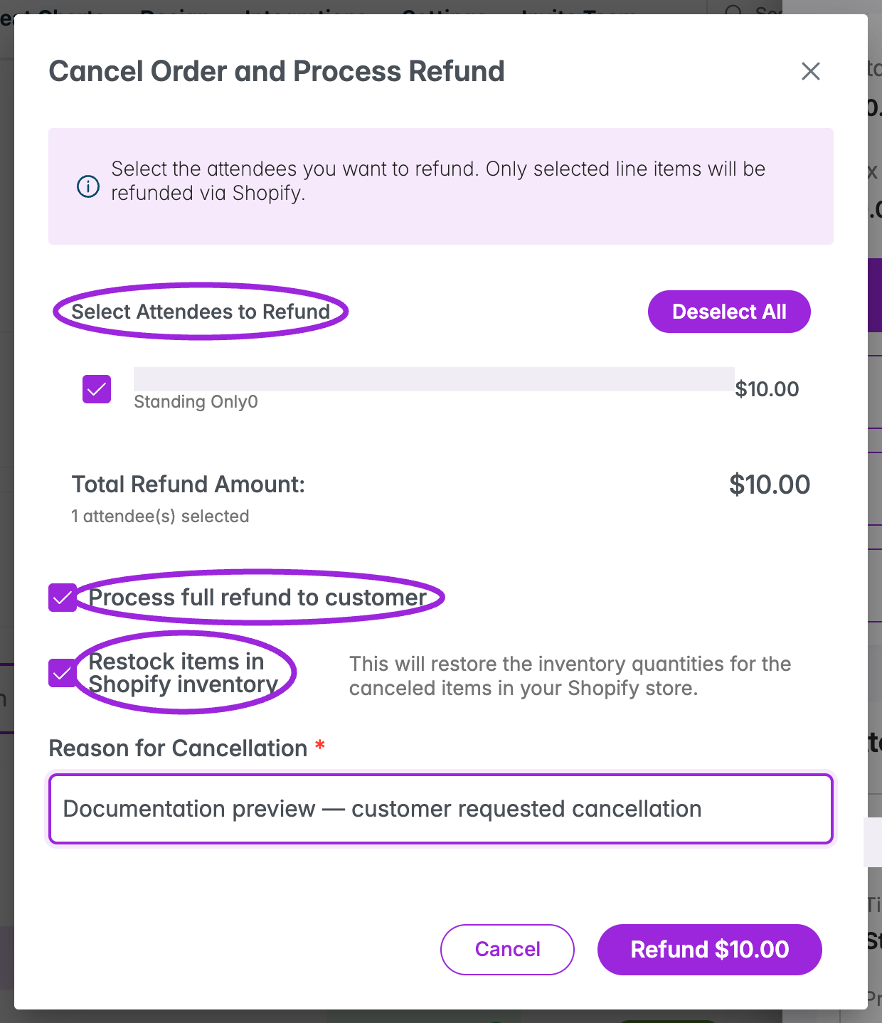 Cancel Order and Process Refund dialog showing Shopify attendee selection and refund options