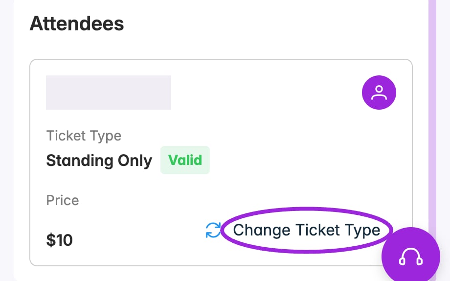 Attendee card in Order Information with the person icon and Change Ticket Type highlighted
