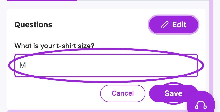 Attendee Questions in edit mode with the recorded answer and Save highlighted