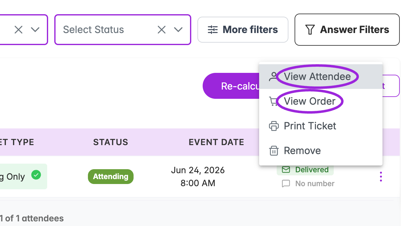 Attendee row menu with View Attendee, View Order, Print Ticket, and Remove