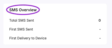 SMS Overview showing send count and first send and delivery fields