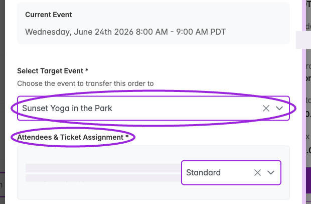 Transfer Order to Another Event with Select Target Event and attendee ticket assignment highlighted