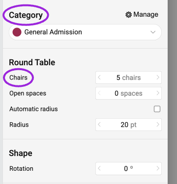 Table category and chair count highlighted in the current chart designer