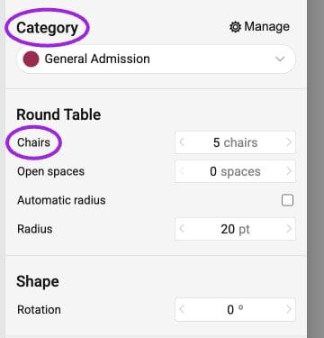 Table category and chair count highlighted in the current chart designer