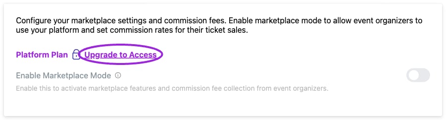 Marketplace commission controls require the Platform plan. The Demo account shows the plan requirement; public event submissions are configured separately.
