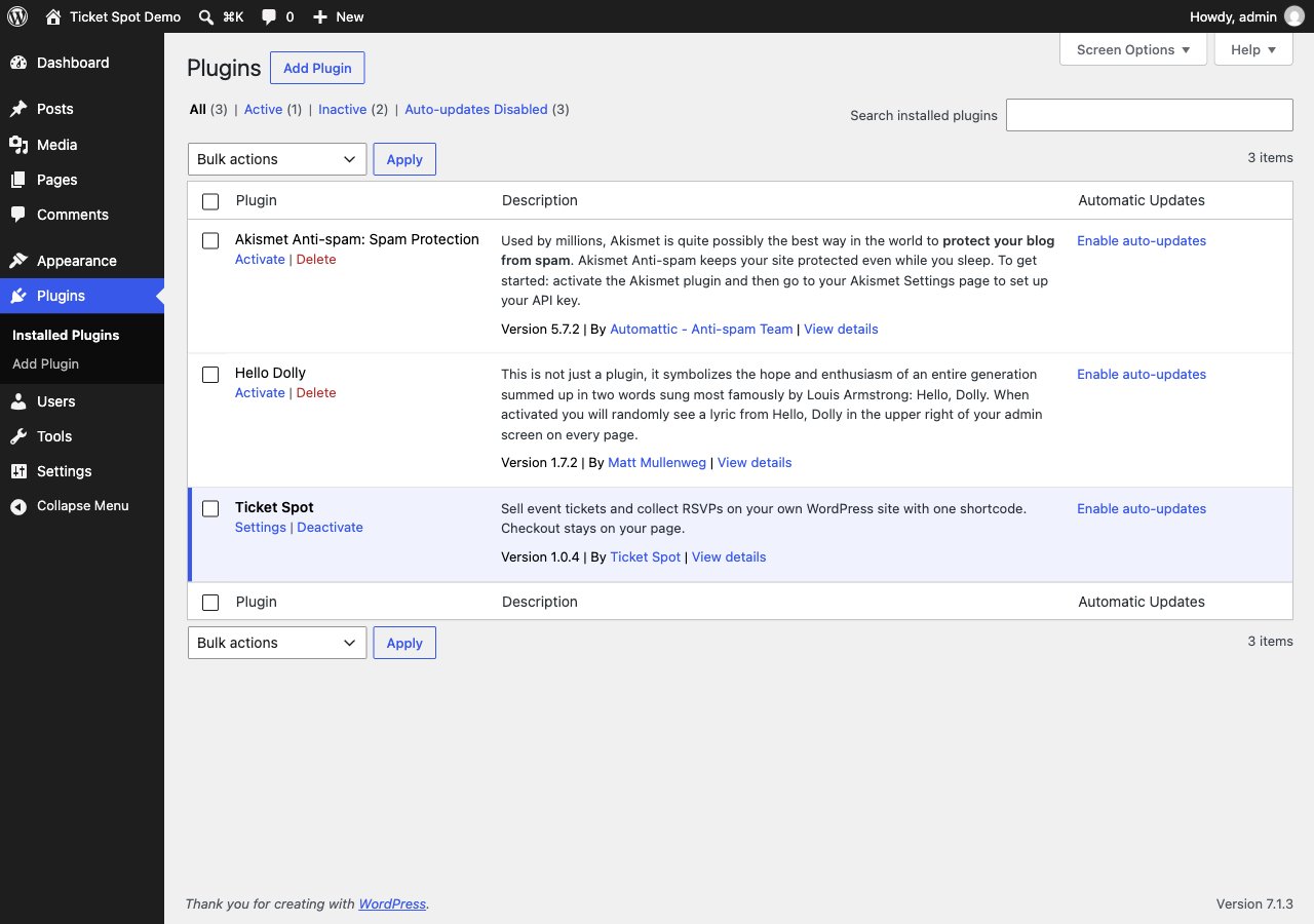 WordPress Installed Plugins screen showing Ticket Spot version 1.0.4 active, with Settings and Deactivate links
