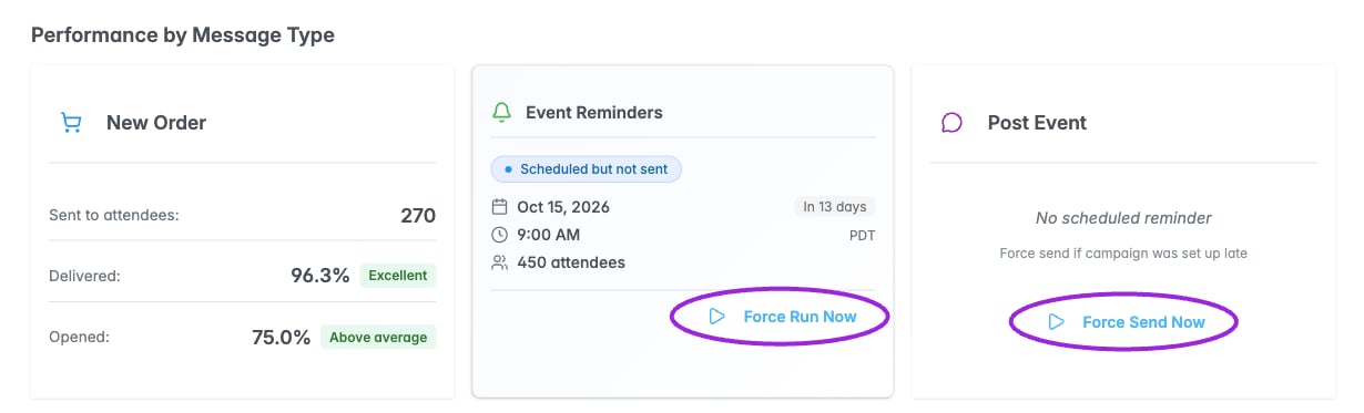 Scheduled reminders show their timing, timezone, and attendee count.