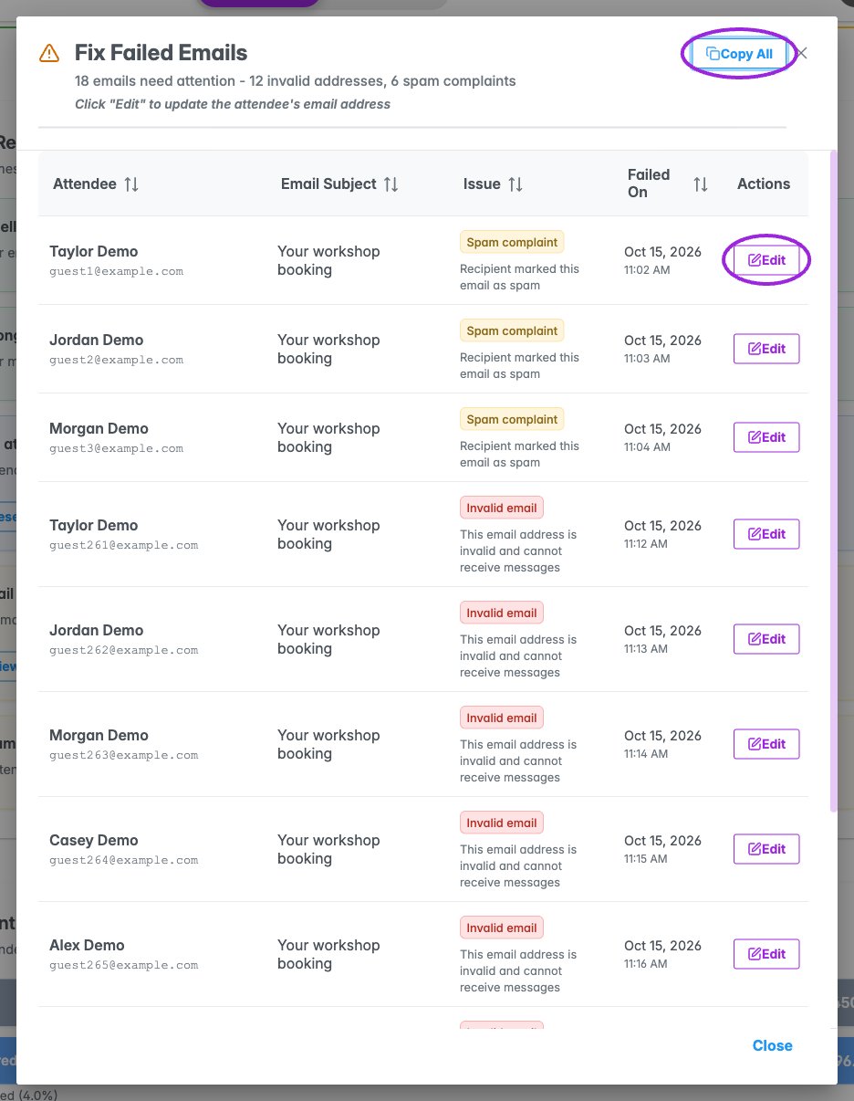 Review failed addresses and spam complaints before changing attendee records or messaging again.