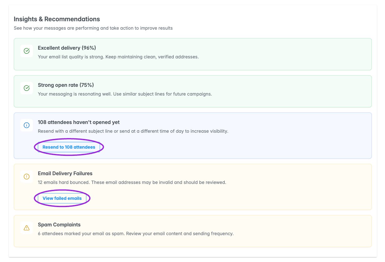 Email insights with follow-up and failed-email review controls.