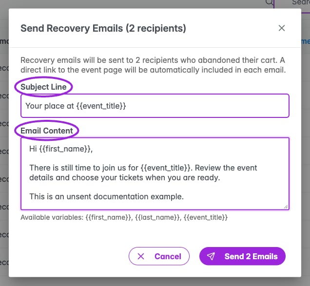 Review recipients and compose the recovery email before sending.