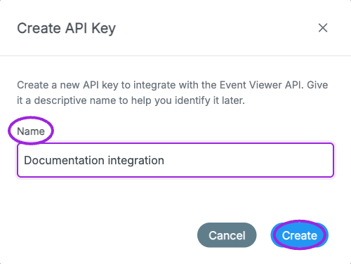 Account → Developers → Create API Key asks for a descriptive name. This is the form before creation; no key is generated or exposed in this example.