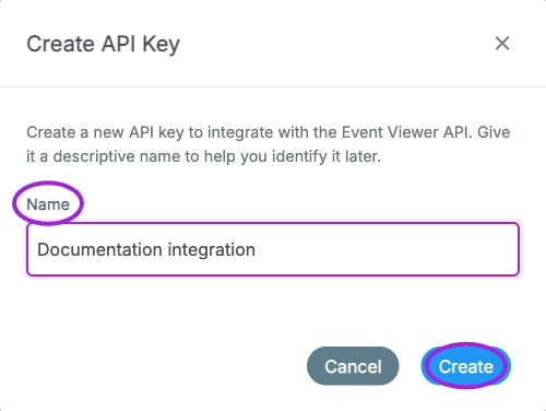 Account → Developers → Create API Key asks for a descriptive name. This is the form before creation; no key is generated or exposed in this example.