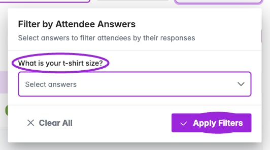 Answer Filters panel with a registration question and Apply Filters highlighted