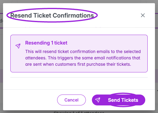 Bulk Resend Ticket Confirmations dialog with its selection count and Send Tickets control