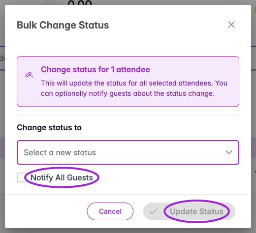 Bulk Change Status dialog with the new status and Notify All Guests controls