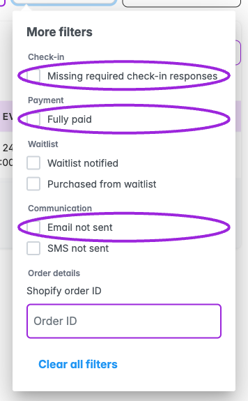 More filters panel with missing check-in responses, Fully paid, and Email not sent highlighted