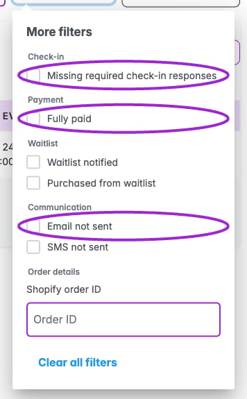 More filters panel with missing check-in responses, Fully paid, and Email not sent highlighted