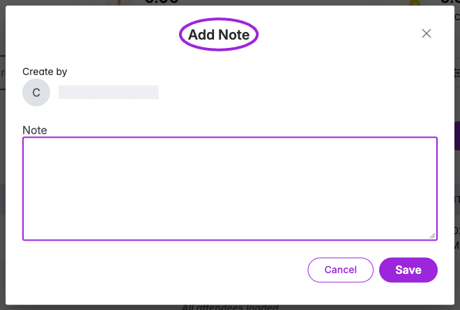 Add Note dialog with an empty note field and the author concealed
