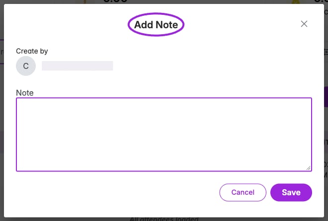 Add Note dialog with an empty note field and the author concealed
