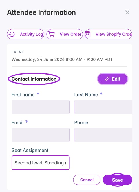 Contact Information in edit mode, with Save highlighted and personal fields concealed